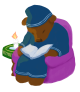 illustration d'un ours brun en chemise et bonnet de nuit bleu qui lit dans un fauteuil fuchsia éclairé à la bougie