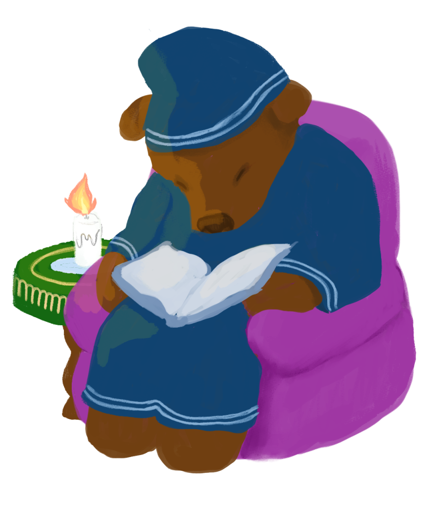 illustration d'un ours brun en chemise et bonnet de nuit bleu qui lit dans un fauteuil fuchsia éclairé à la bougie