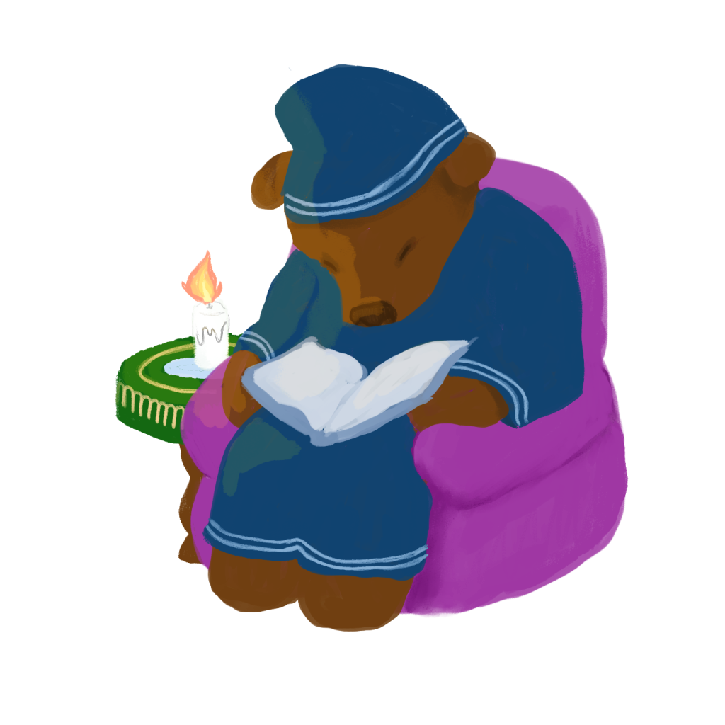 illustration d'un ours brun en chemise et bonnet de nuit bleu qui lit dans un fauteuil fuchsia éclairé à la bougie