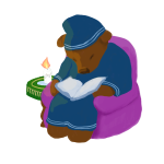 illustration d'un ours brun en chemise et bonnet de nuit bleu qui lit dans un fauteuil fuchsia éclairé à la bougie